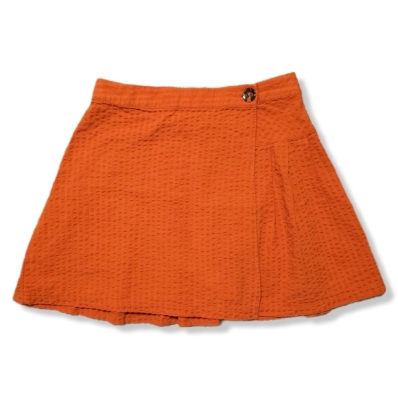 Urban Outfitters Dresses & Skirts - URBAN OUTFITTERS Orange Seersucker Wrap Mini Skirt, Linen Blend, Pleated Back, S